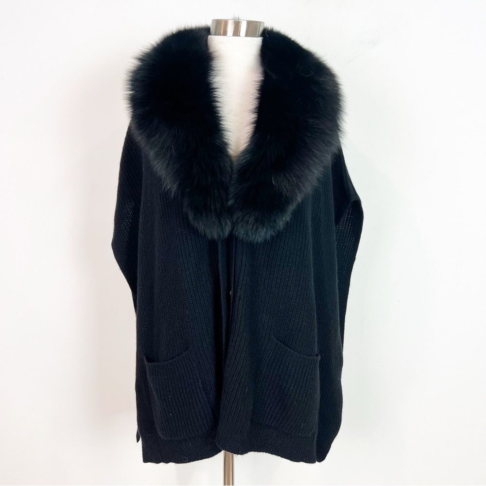 MAGASHONI BLACK BOXY SWEATER PONCHO DETACHABLE FAUX FUR COLLAR NWT M/L